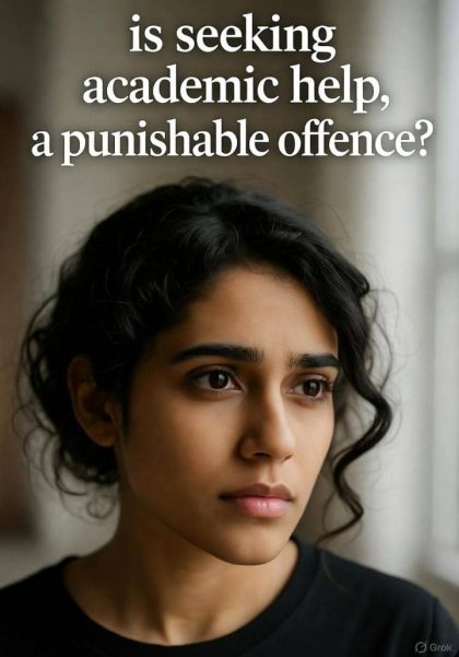 A confused student thinking of the whether there is a consequences of seeking for academic help